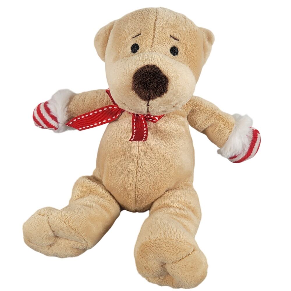 Plush Bear by Paris Presents 8" Tan Stuffed Animal Toy Red Bow Striped Mittens
